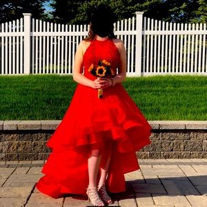 Red formal dress with high/low hem, size 10/12. Prom, homecoming, or pageant.